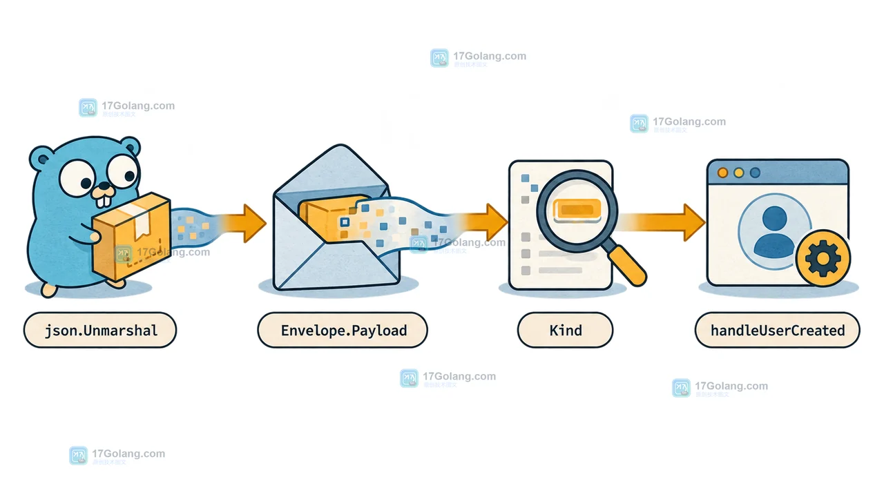 Go json.Unmarshal 将输入复制到 Envelope.Payload,再按 Kind 延迟解码的调用链示意图