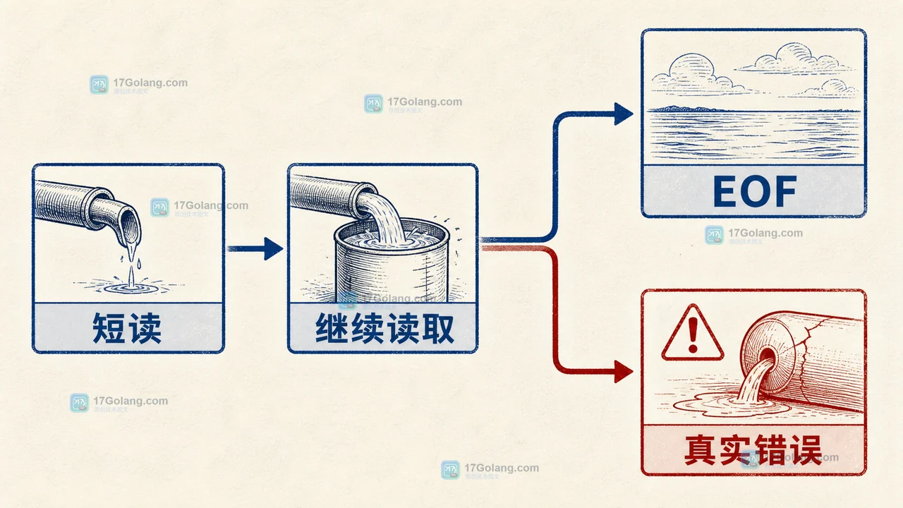 Reader 短读后继续读取,直到 EOF 或真实错误,n 与 err 共同决定复制结果