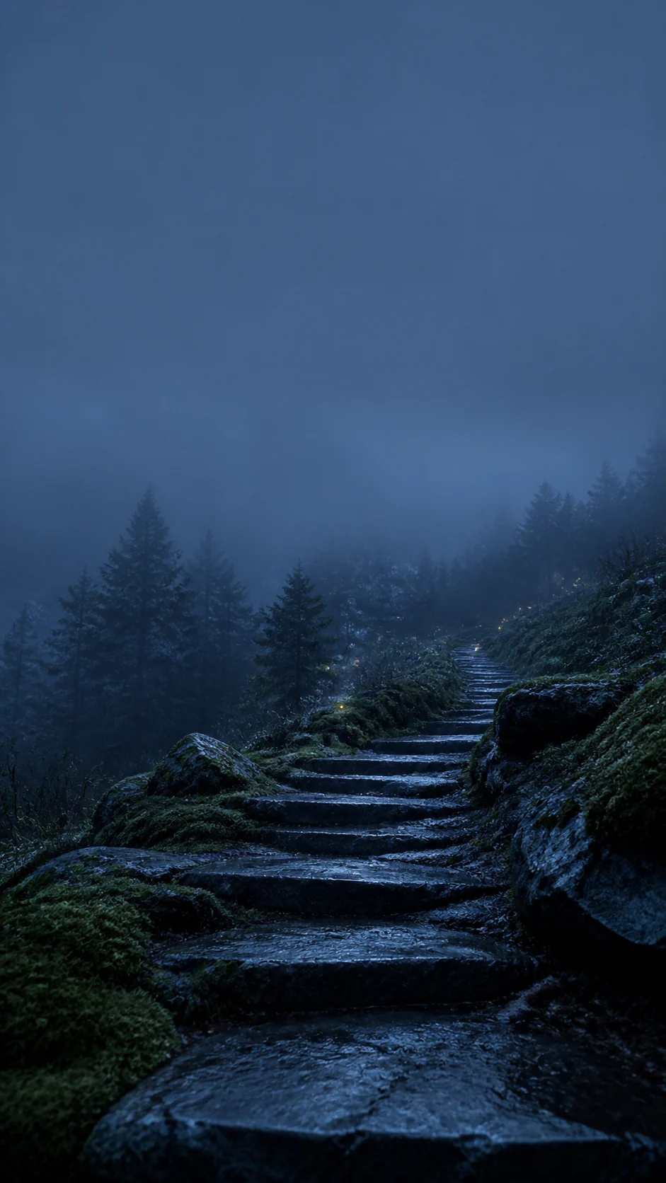 雨后青苔石阶与微光萤火的竖屏手机壁纸提示词：锁屏留白与冷暖层次