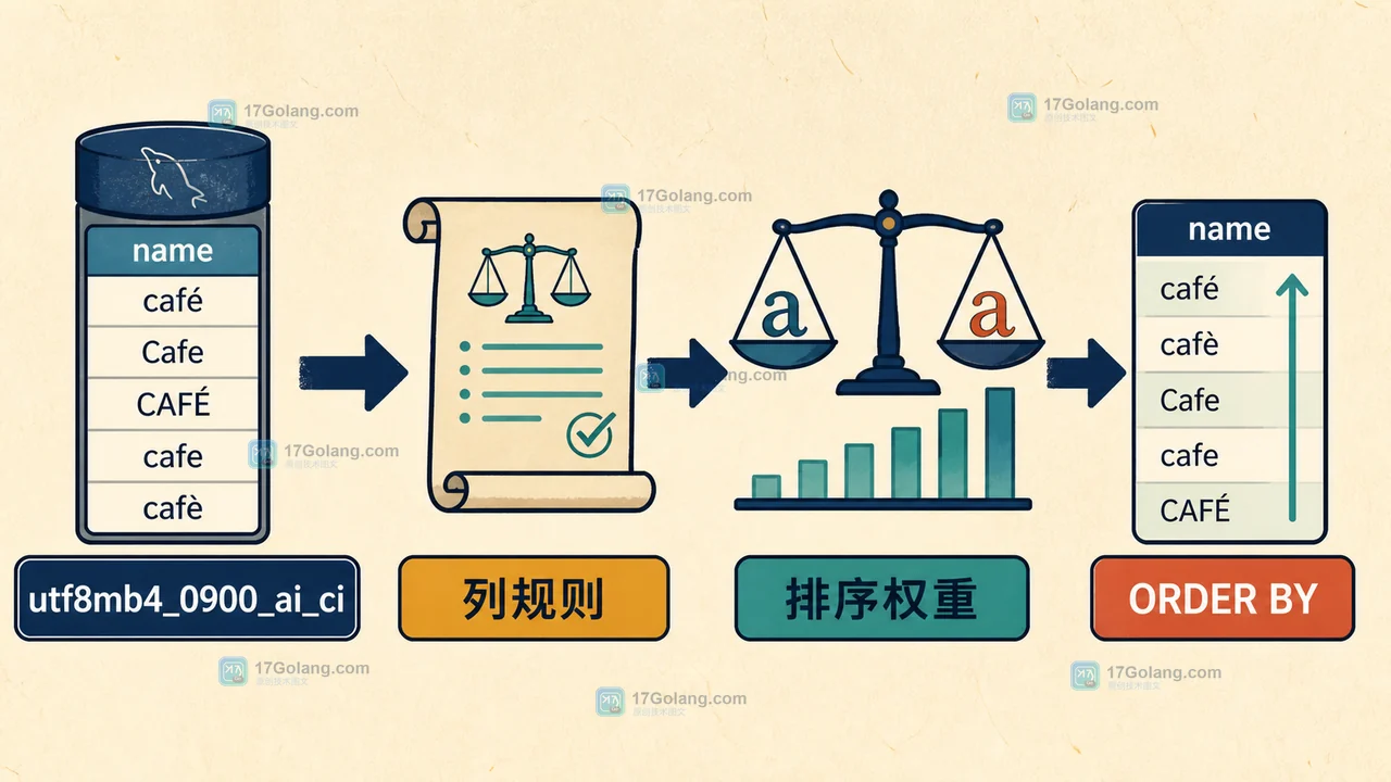 MySQL utf8mb4_0900_ai_ci 从列规则到 ORDER BY 排序权重的二维路径示意图