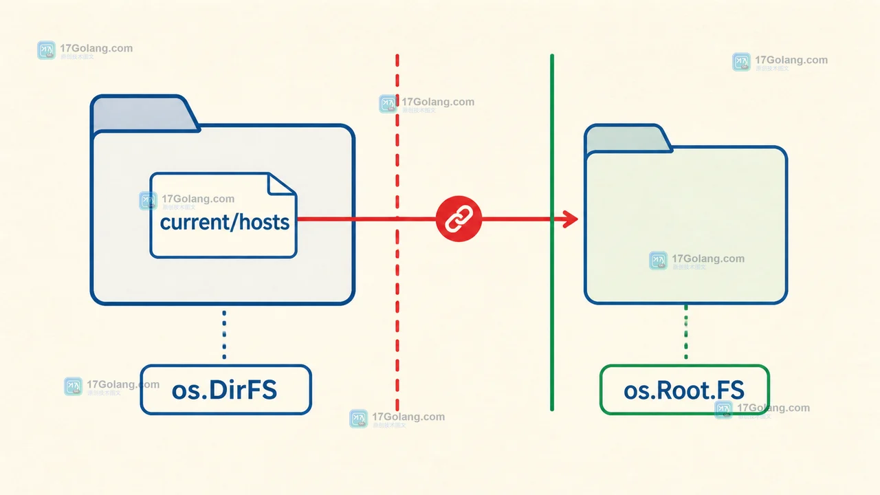 Go os.DirFS 读取 current/hosts 时,合法 FS 名称仍需检查符号链接边界