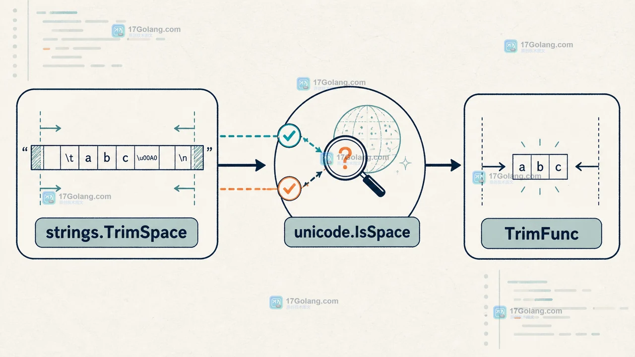 Go strings.TrimSpace 从输入边界经过 unicode.IsSpace 判断并进入 TrimFunc 的调用链