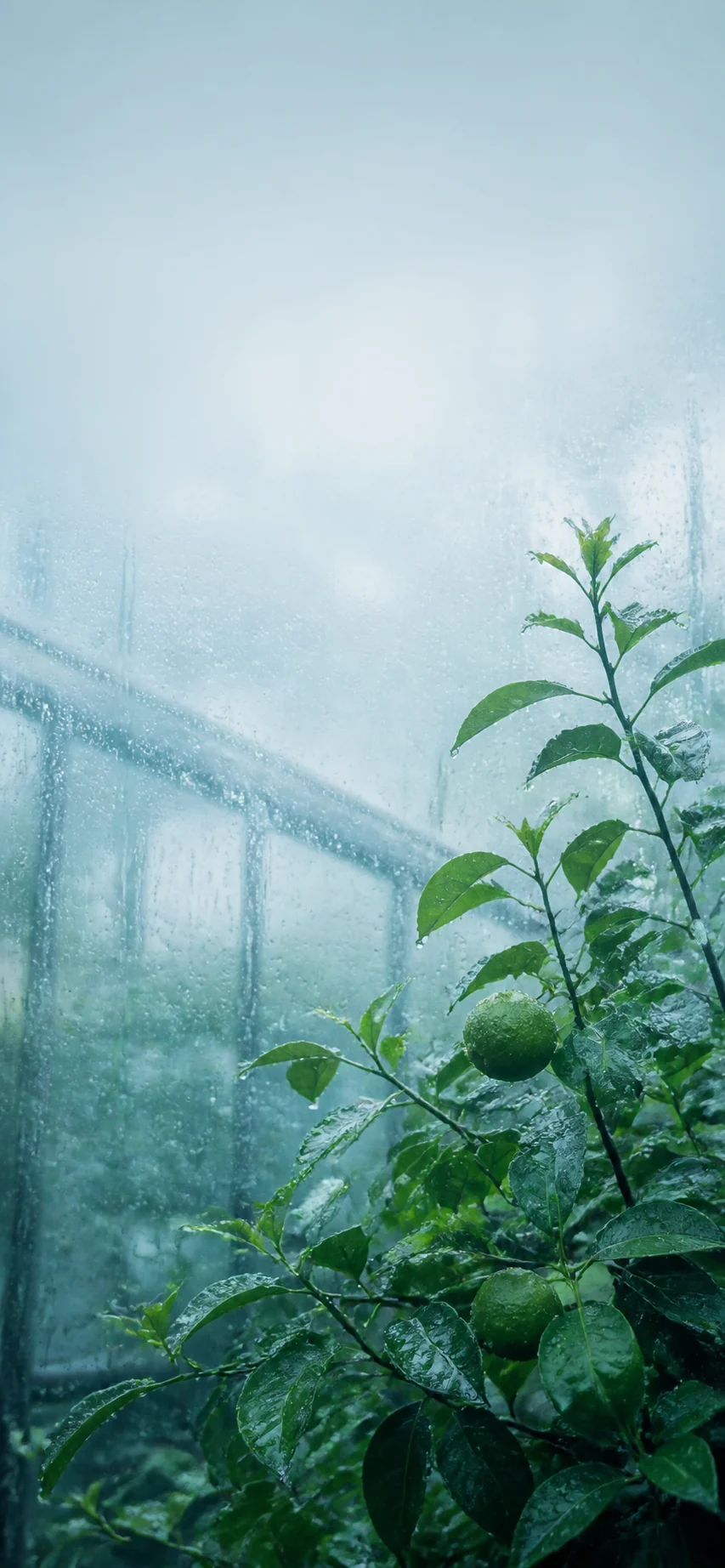 雨后玻璃温室的青柠藤影：适合锁屏留白的手机壁纸提示词