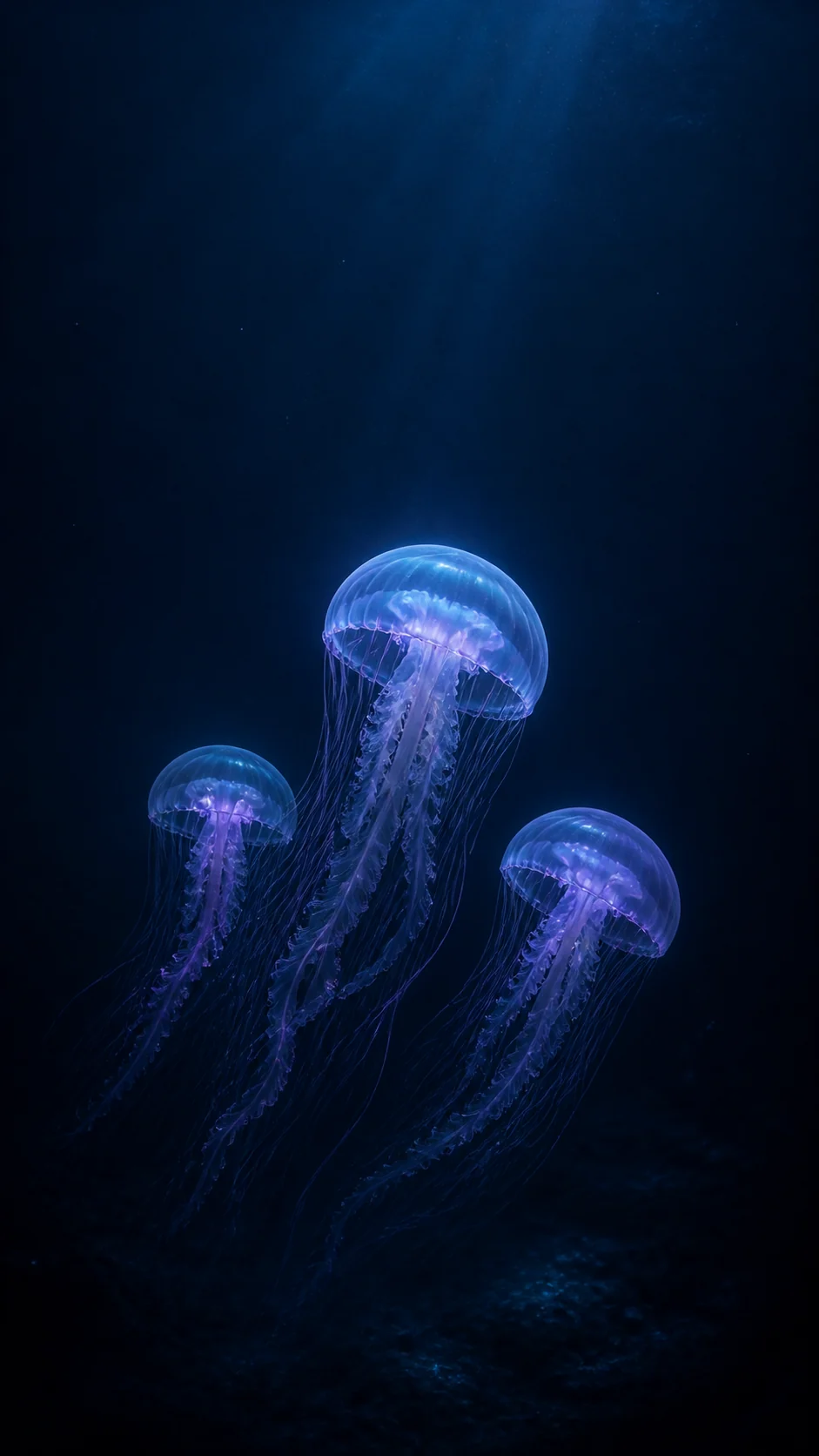 深海水母光幕手机壁纸怎么写：蓝紫漂浮主体与锁屏留白提示词