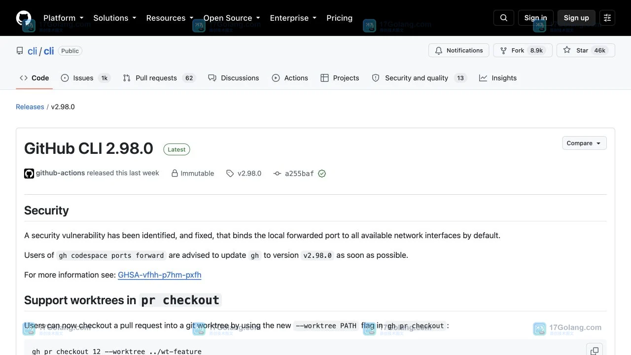 GitHub CLI 2.98.0 Release 详情页,显示 Latest、v2.98.0 标签和版本说明