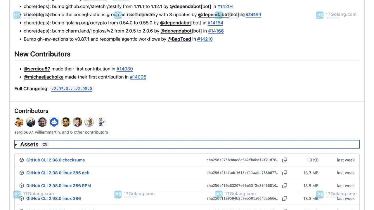 GitHub CLI 2.98.0 Release 的 Assets 文件列表,展示 checksums 下载项及版本化文件名
