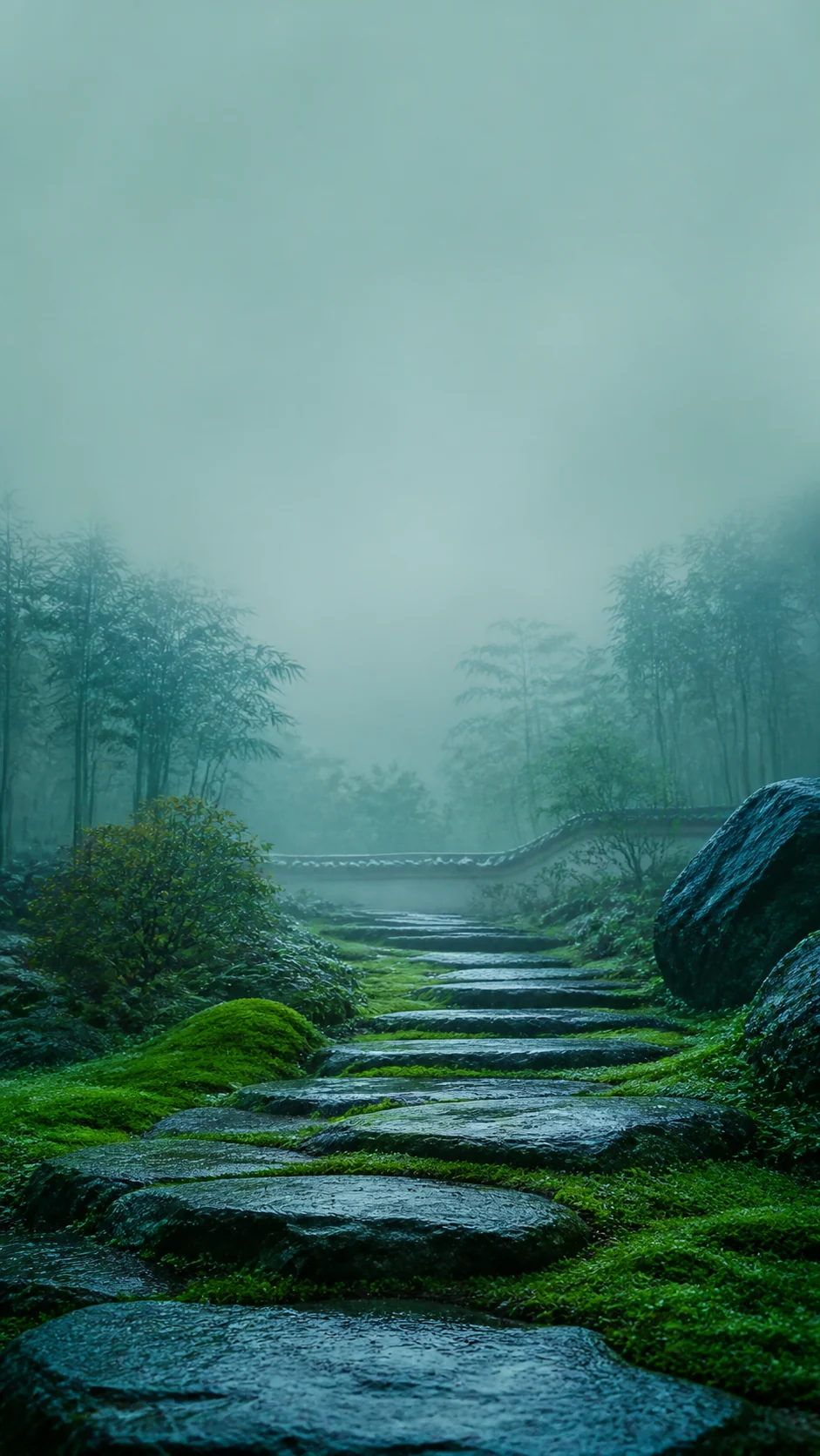 雨后苔庭主壁纸：湿润石阶从底部通向青绿雾气，顶部保留锁屏留白