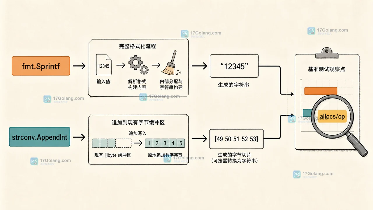 Go strconv.AppendInt 替代 fmt.Sprintf 的性能收益：分配次数、可读性与基准边界