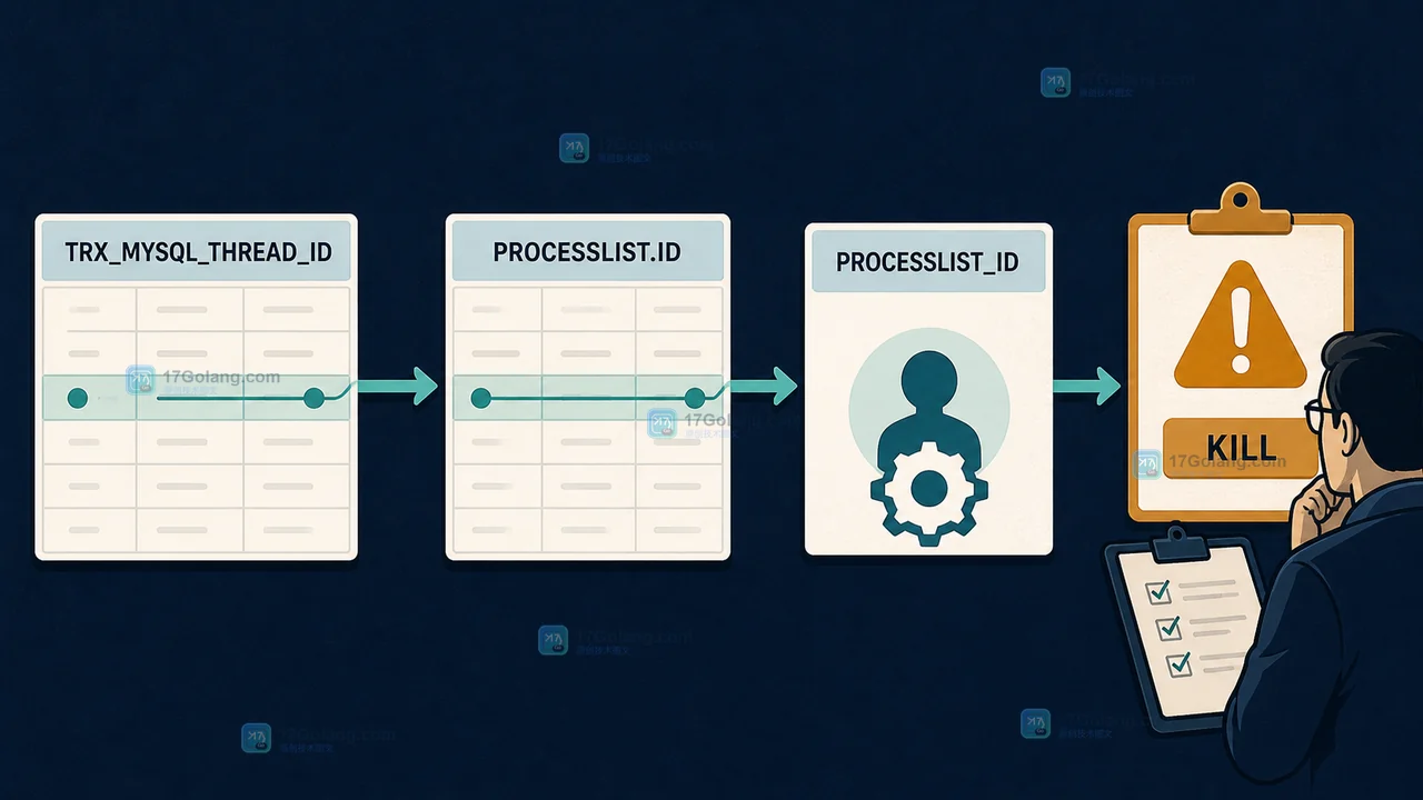 TRX_MYSQL_THREAD_ID 关联 PROCESSLIST.ID 和 PROCESSLIST_ID,人工复核后才考虑 KILL