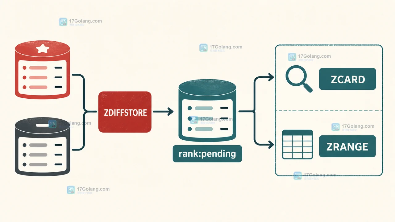 Redis ZDIFFSTORE 将差集写入 rank:pending 后用 ZCARD 与 ZRANGE WITHSCORES 验收结果