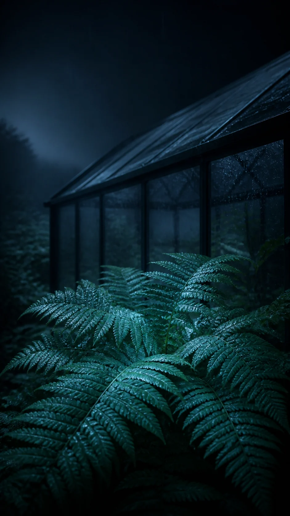 雨夜玻璃温室蓝色蕨叶冷青主图手机壁纸,顶部保留锁屏留白