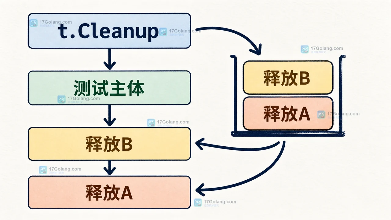 Go testing.T.Cleanup 按后注册先执行:t.Cleanup、测试主体与释放父资源的调用关系