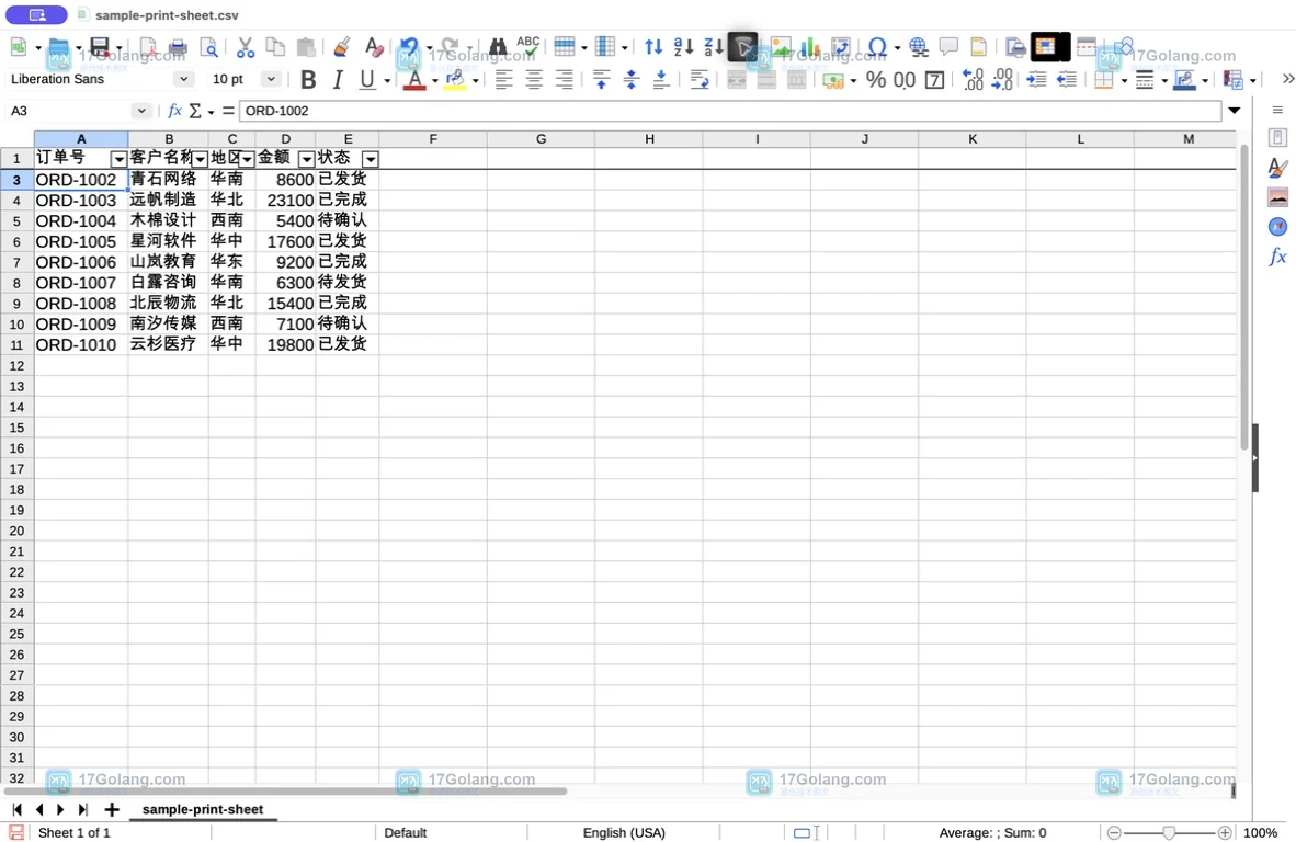 LibreOffice Calc 状态列筛选为已发货后的真实表格状态