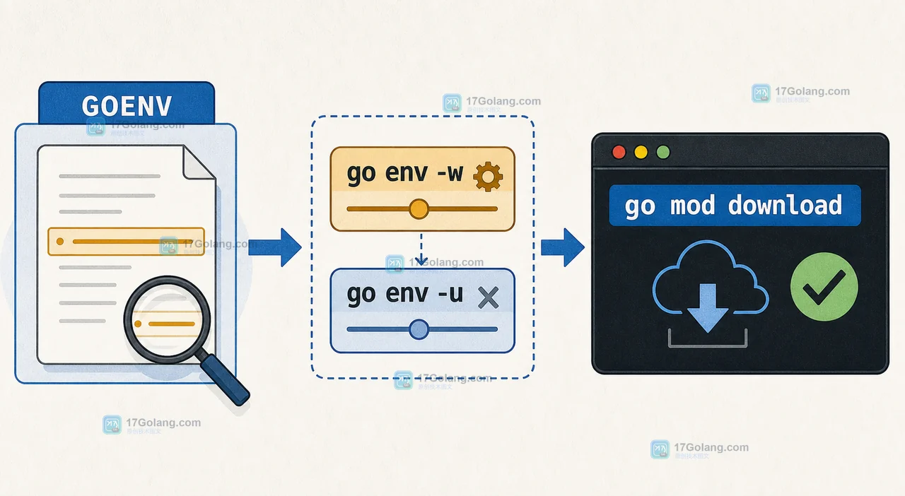 GOENV 指向配置来源,经 go env -w 与 go env -u 调整后用 go mod download 复验