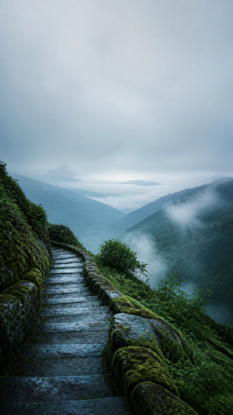 雨后青苔石阶与薄雾山谷手机壁纸：锁屏留白和冷暖变体提示词