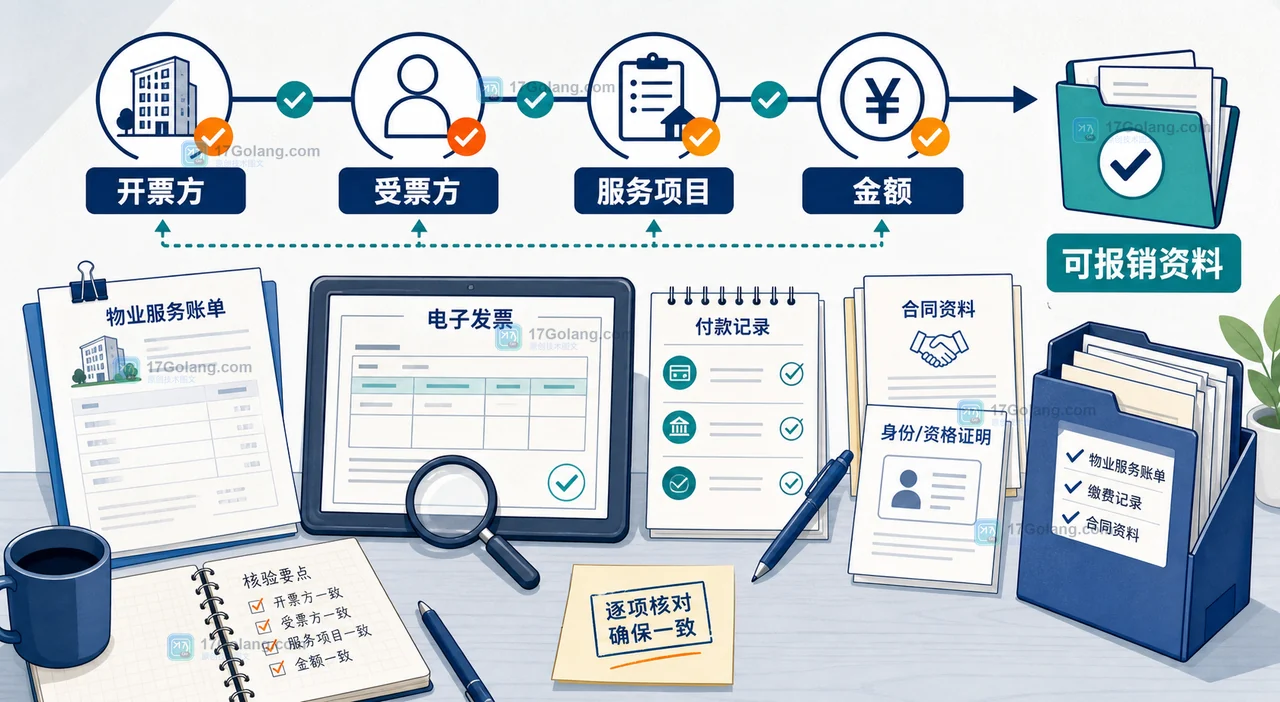 物业费电子发票核验图:开票方、受票方、服务项目和金额与缴费凭证闭环核对