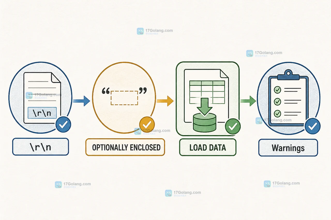 MySQL LOAD DATA 用 \r\n 与 OPTIONALLY ENCLOSED 处理 CSV 行尾后,通过 Warnings 核对结果的排查链