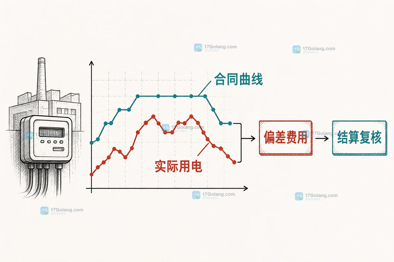 工商业用户实际用电曲线与合同曲线发生偏差后进入分段结算和复核流程的原创示意图
