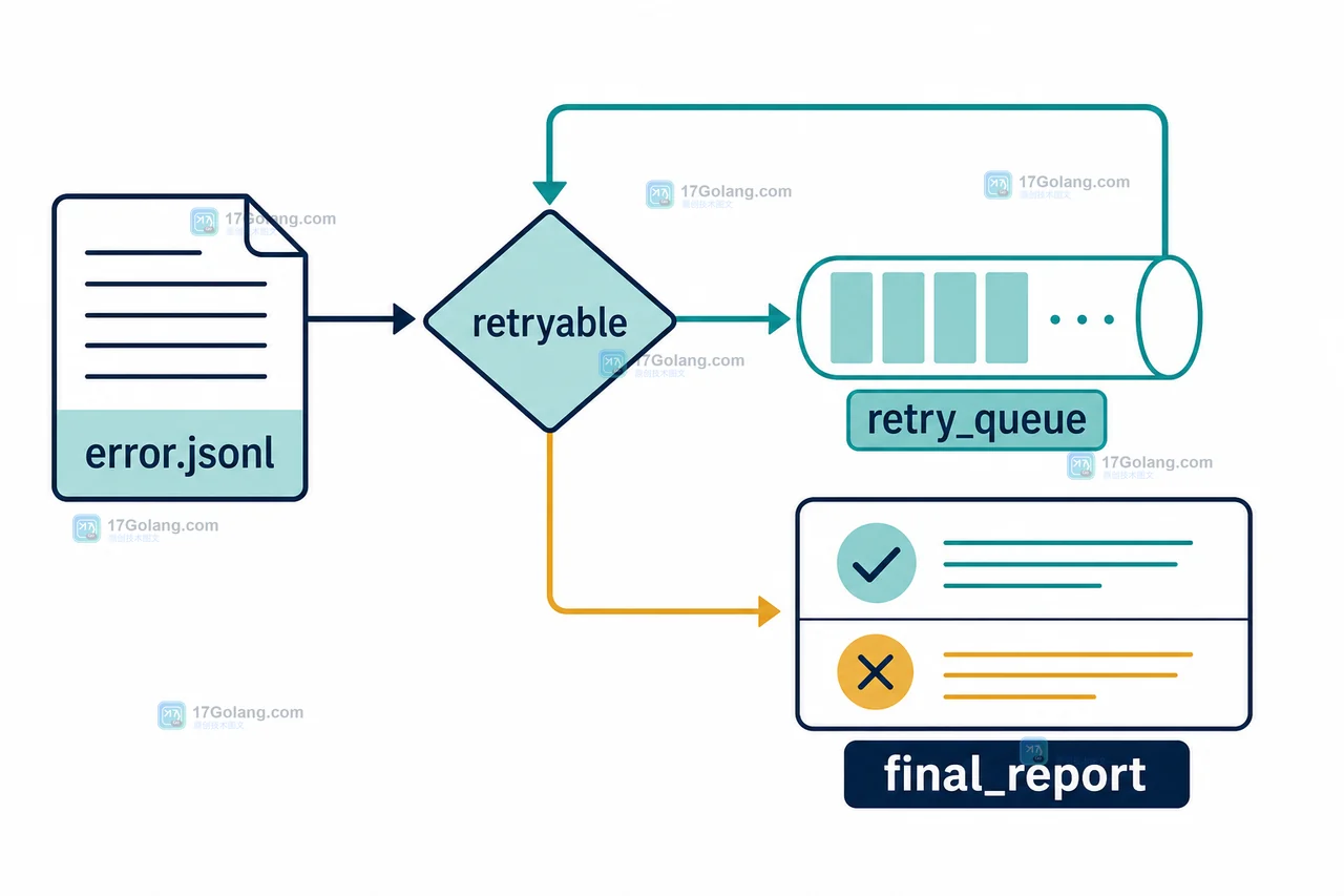 error.jsonl 按 retryable 分类后进入 retry_queue 并汇入 final_report