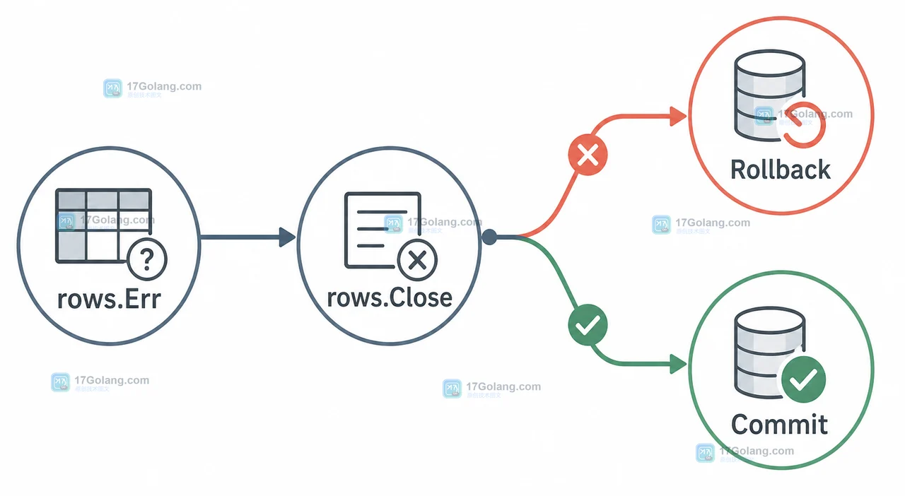 Go rows.Err、rows.Close、Rollback 与 Commit 的错误分支对照图