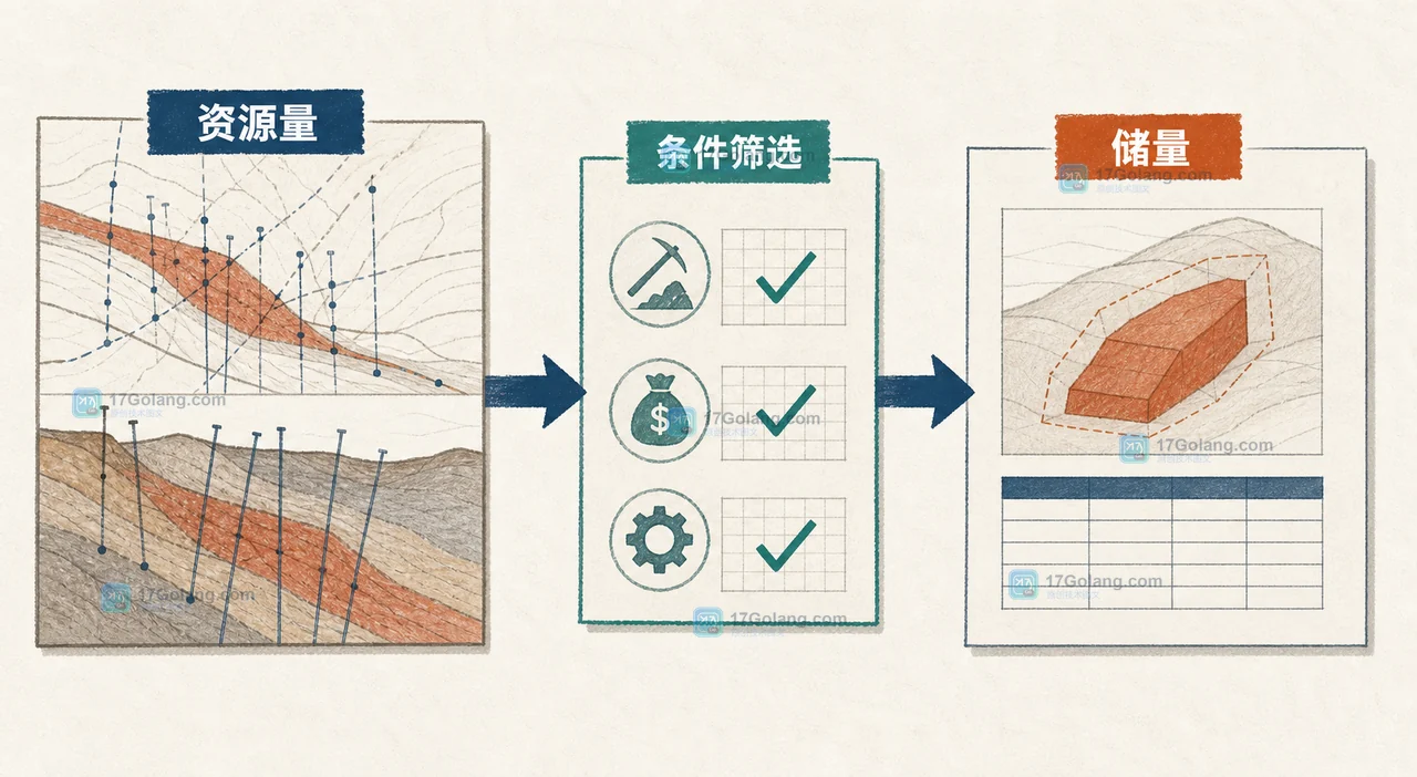 矿业报告中从地质查明资源量到受经济技术条件约束的储量判断路径,展示资源基础、条件筛选和可利用结果