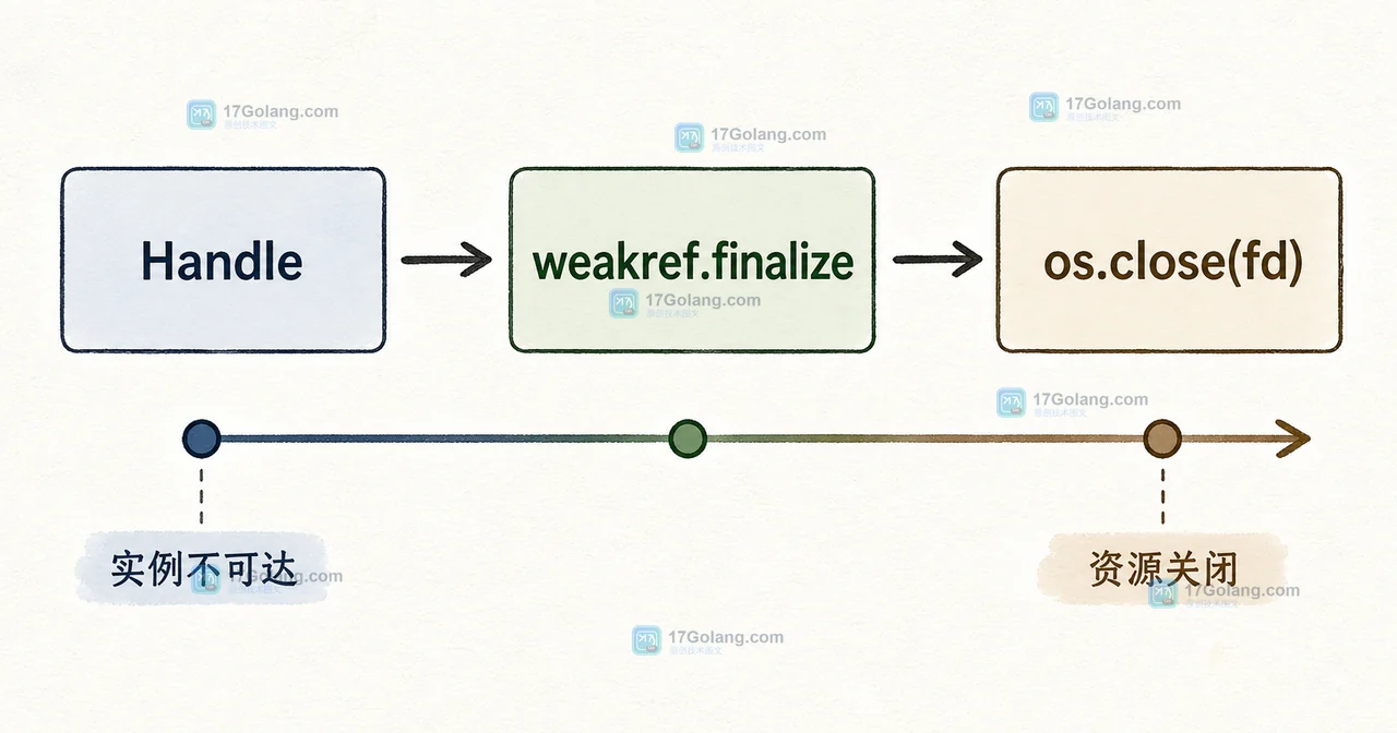 Handle 实例销毁后由 weakref.finalize 调用 os.close 关闭文件描述符的生命周期
