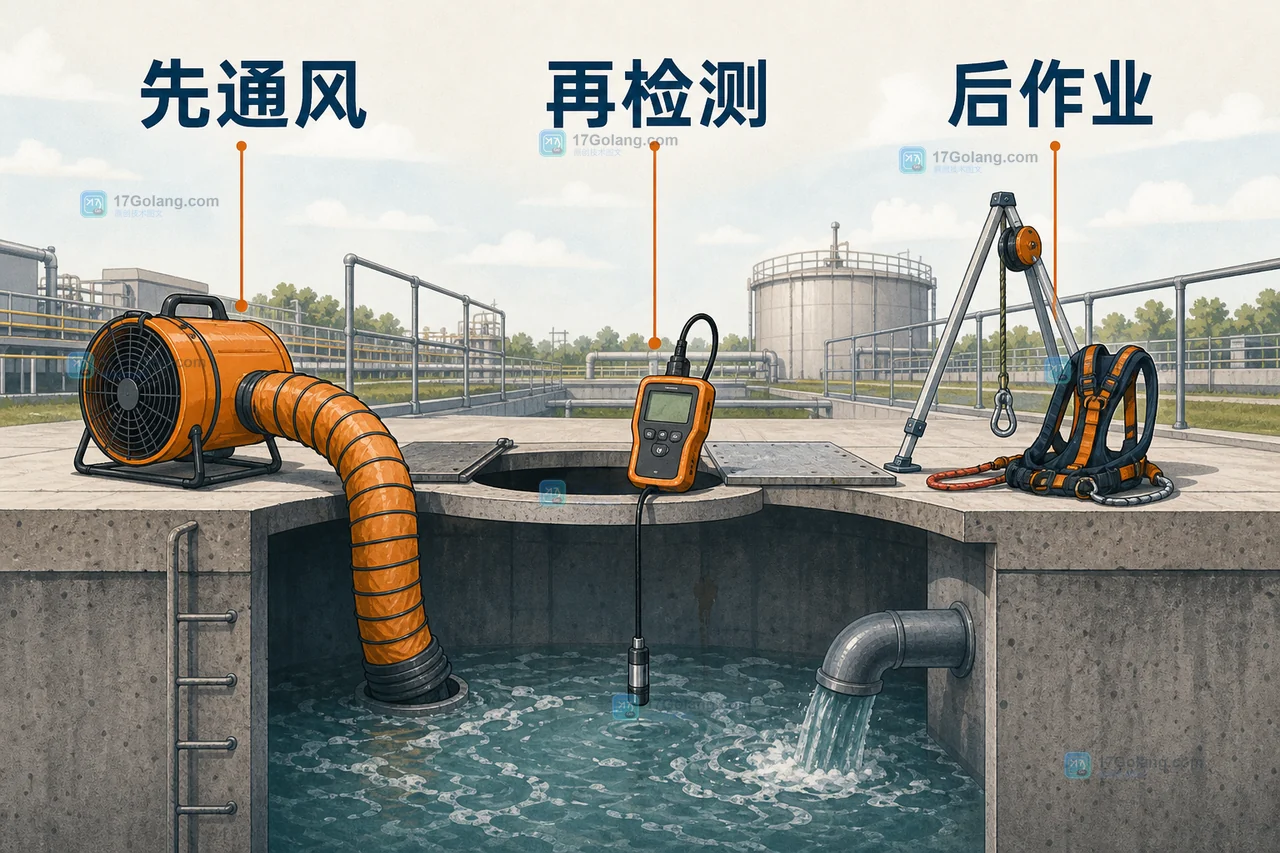 污水处理厂有限空间作业先通风再检测后作业的现场顺序示意图