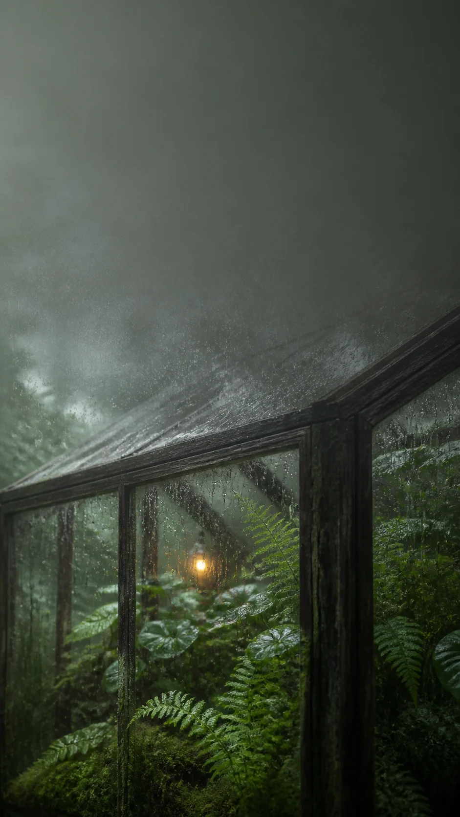 雨后苔藓玻璃温室手机壁纸：锁屏留白与柔光层次提示词