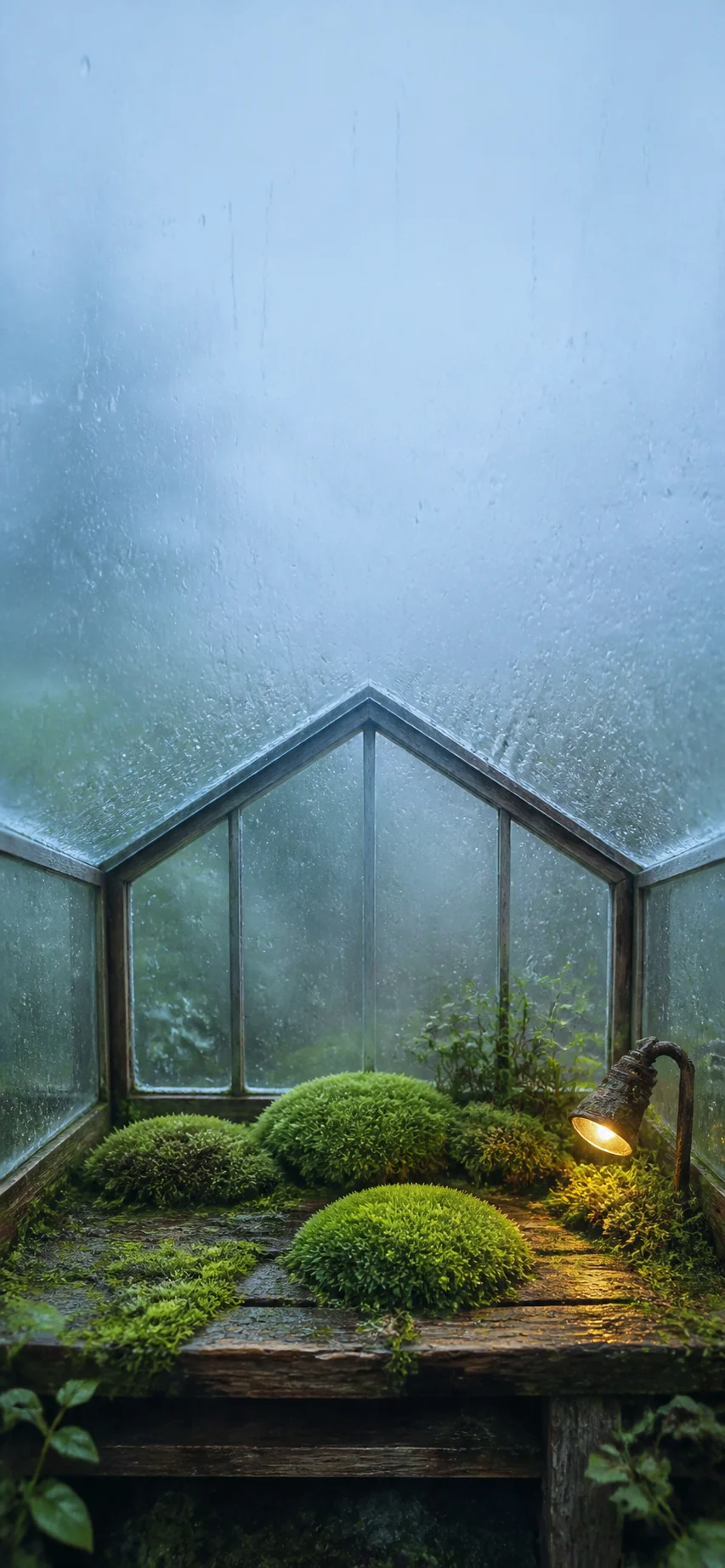 雨后苔藓温室手机壁纸提示词：雾蓝玻璃与锁屏留白构图