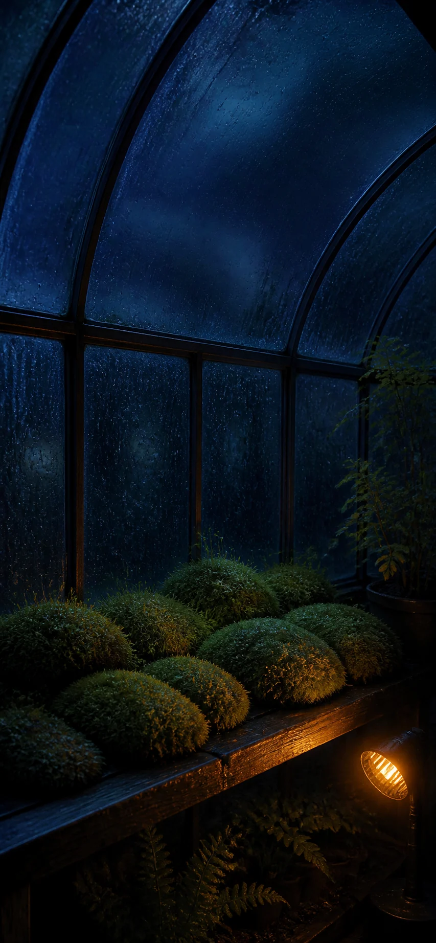 雨停后的深蓝夜景苔藓温室手机壁纸，金橙植物灯与顶部锁屏留白形成冷暖对照