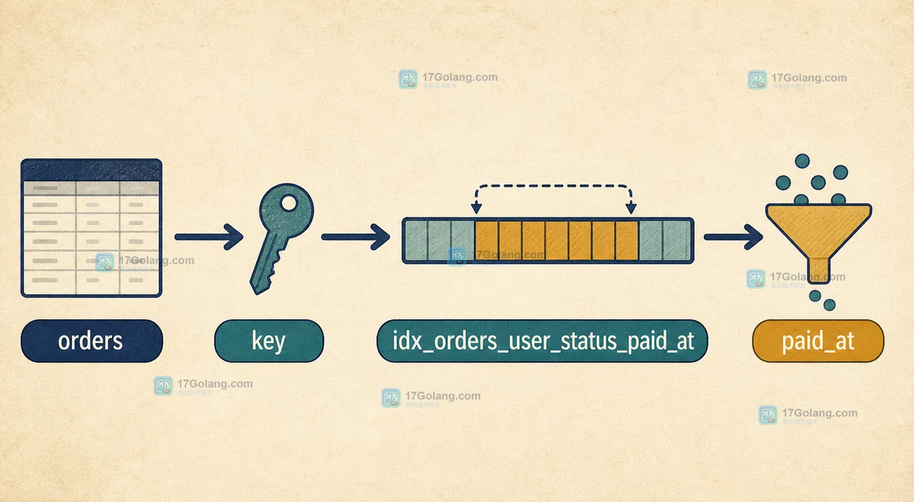 MySQL EXPLAIN FORMAT=JSON 通过 key idx_orders_user_status_paid_at 进入 orders 查询并继续过滤 paid_at 的索引路径
