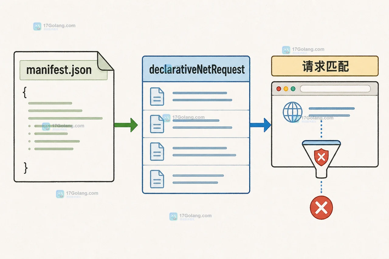 Chrome Manifest V3 中 manifest.json、declarativeNetRequest 与静态规则集的加载链路,展示规则从清单进入请求匹配的关系