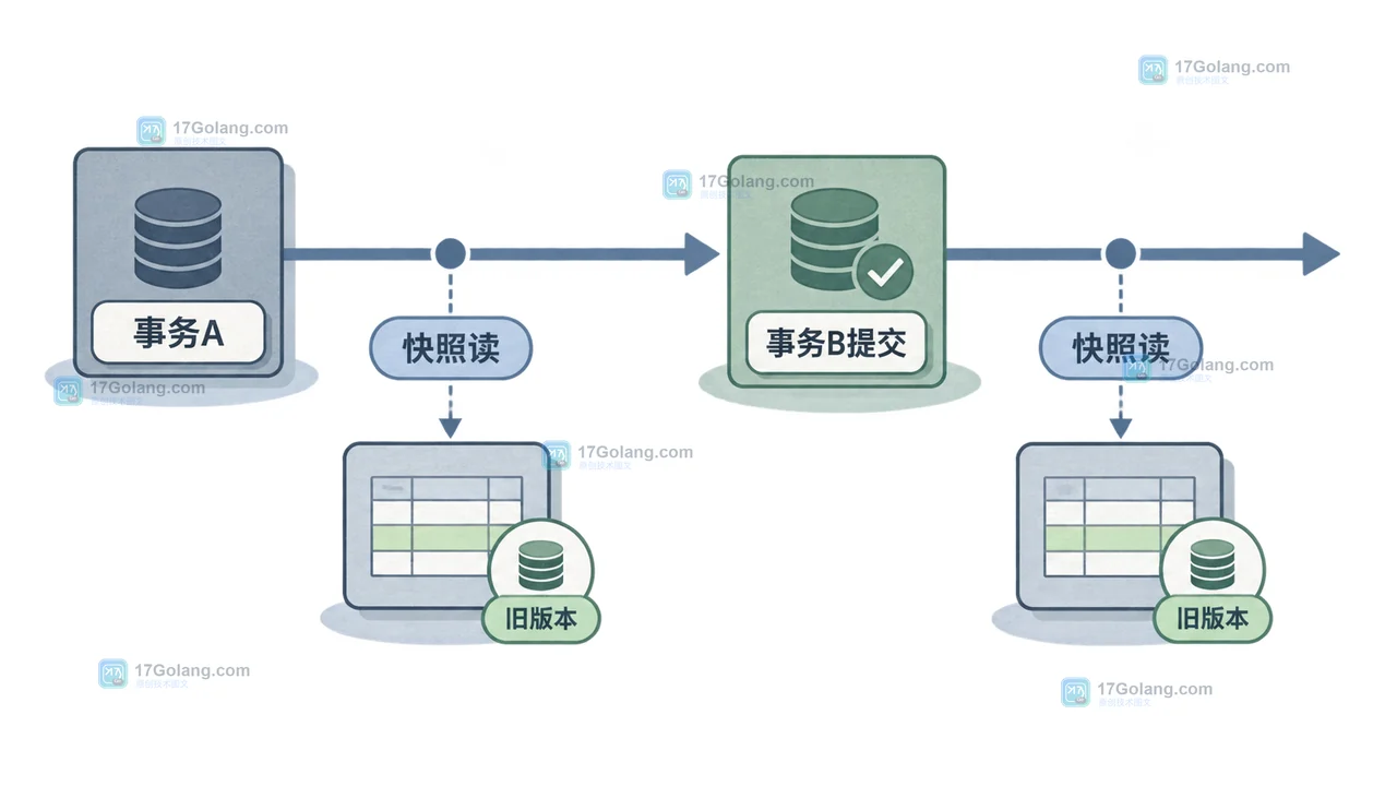 MySQL REPEATABLE READ 中事务A快照读与事务B提交后的旧版本和新版本对比