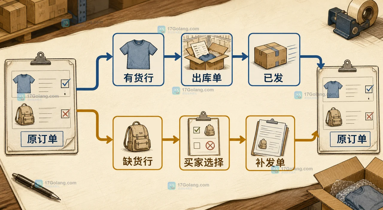 电商订单部分发货后,缺货商品通过买家选择进入补发或取消并保留订单留痕的流程插画