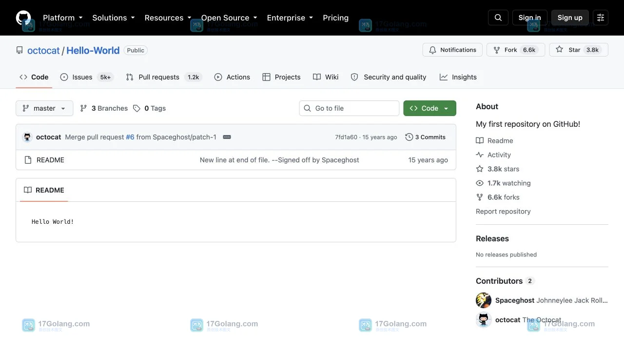 GitHub octocat/Hello-World 仓库入口与 README 文件列表截图