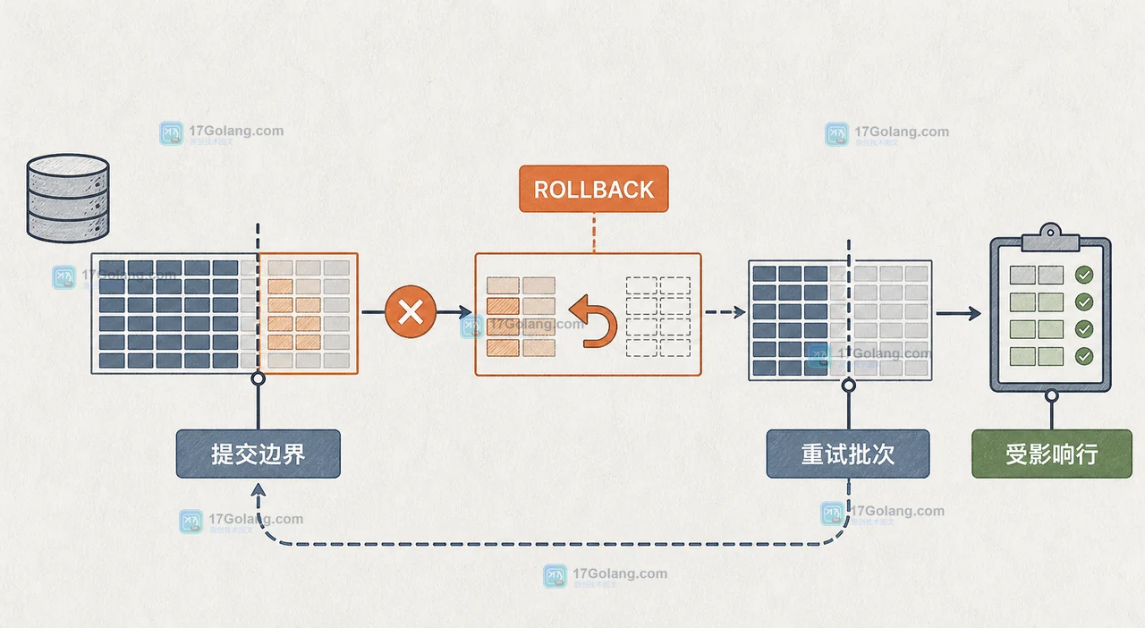 MySQL 批量 UPDATE 失败后通过 ROLLBACK 保留边界并重试下一批的状态路径