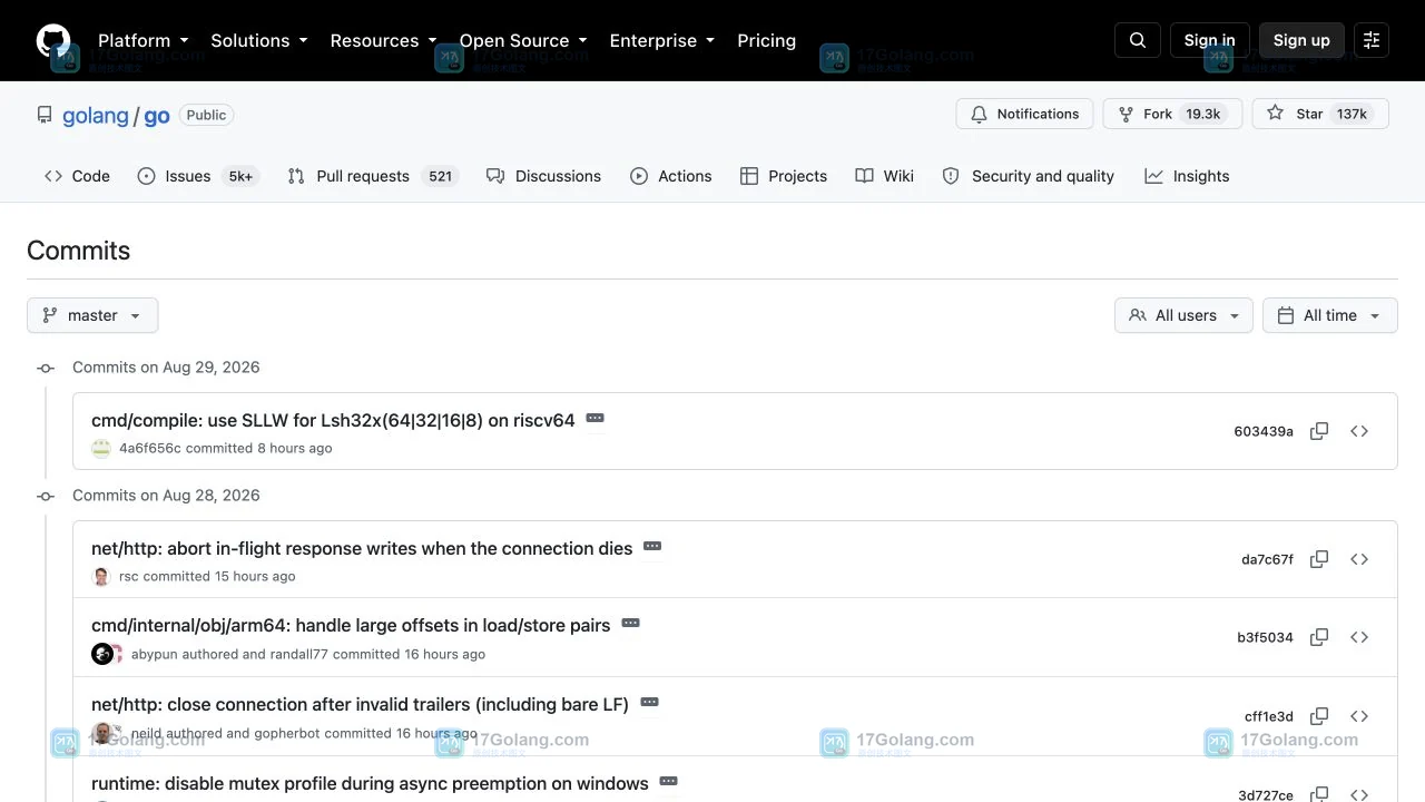 GitHub golang/go 仓库 Commits 提交列表入口,显示多个提交记录