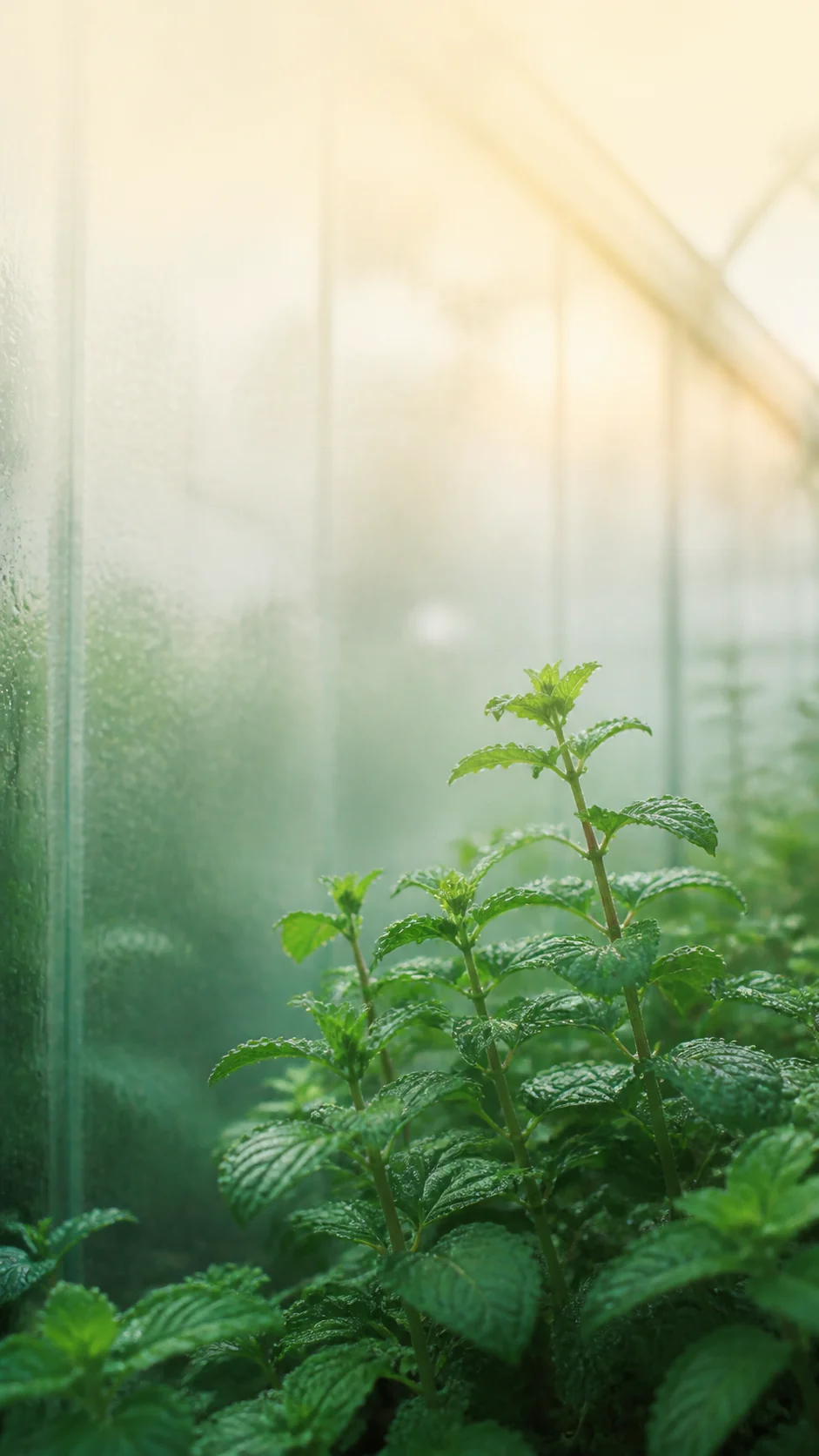 雨后玻璃温室薄荷晨光手机壁纸,主体位于右下方并为锁屏时间保留顶部留白