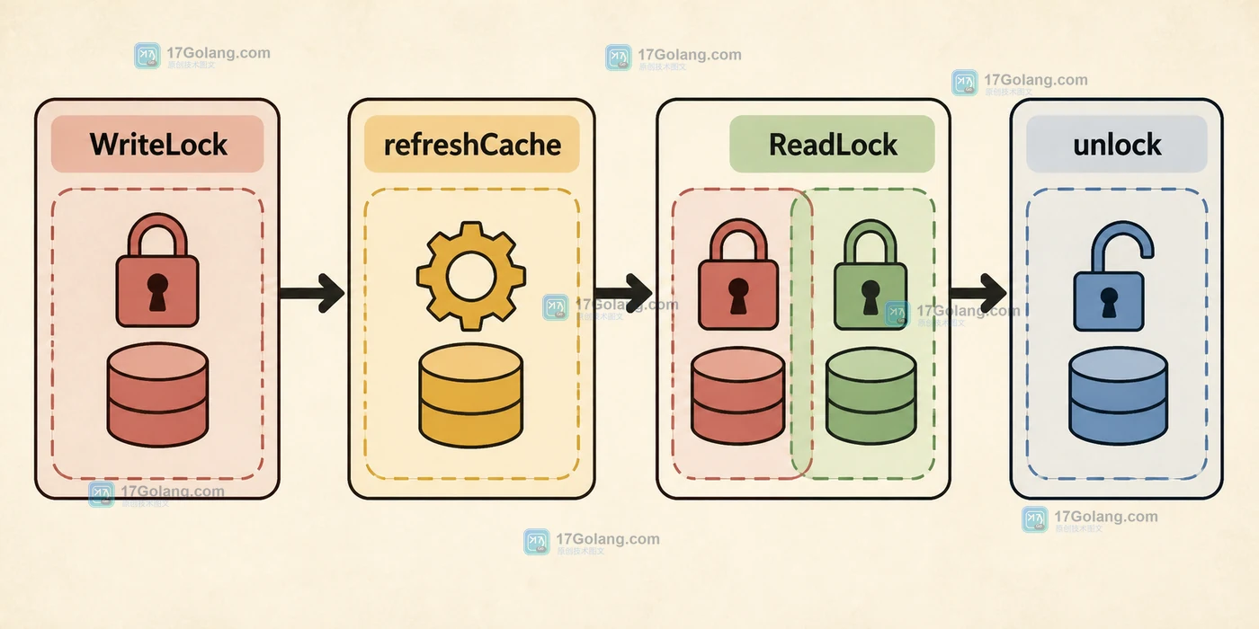 Java ReentrantReadWriteLock 中 WriteLock、refreshCache、ReadLock 与 unlock 的降级调用链