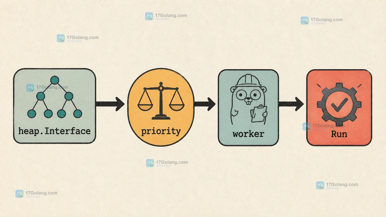AI 批量推理任务经由 heap.Interface 按 priority 排序，再由 worker 调用 Run 的二维数据路径插画