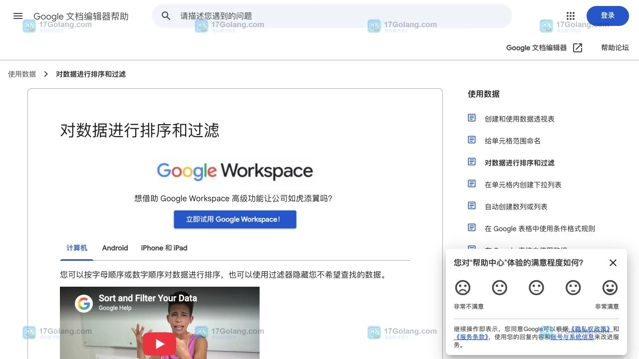 Google 官方帮助页展示 Google Sheets 数据菜单与创建过滤视图入口