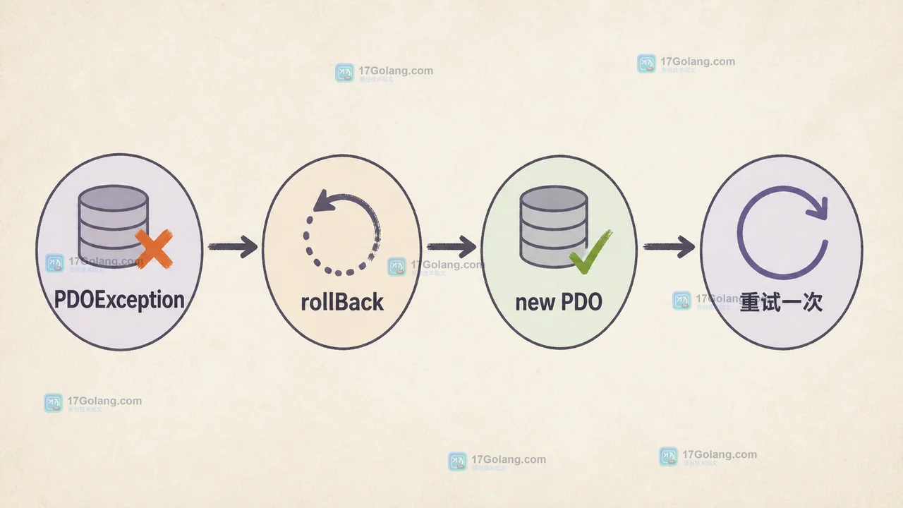 PDOException 触发回滚、重建 PDO 连接并只重试一次的状态变化示意图