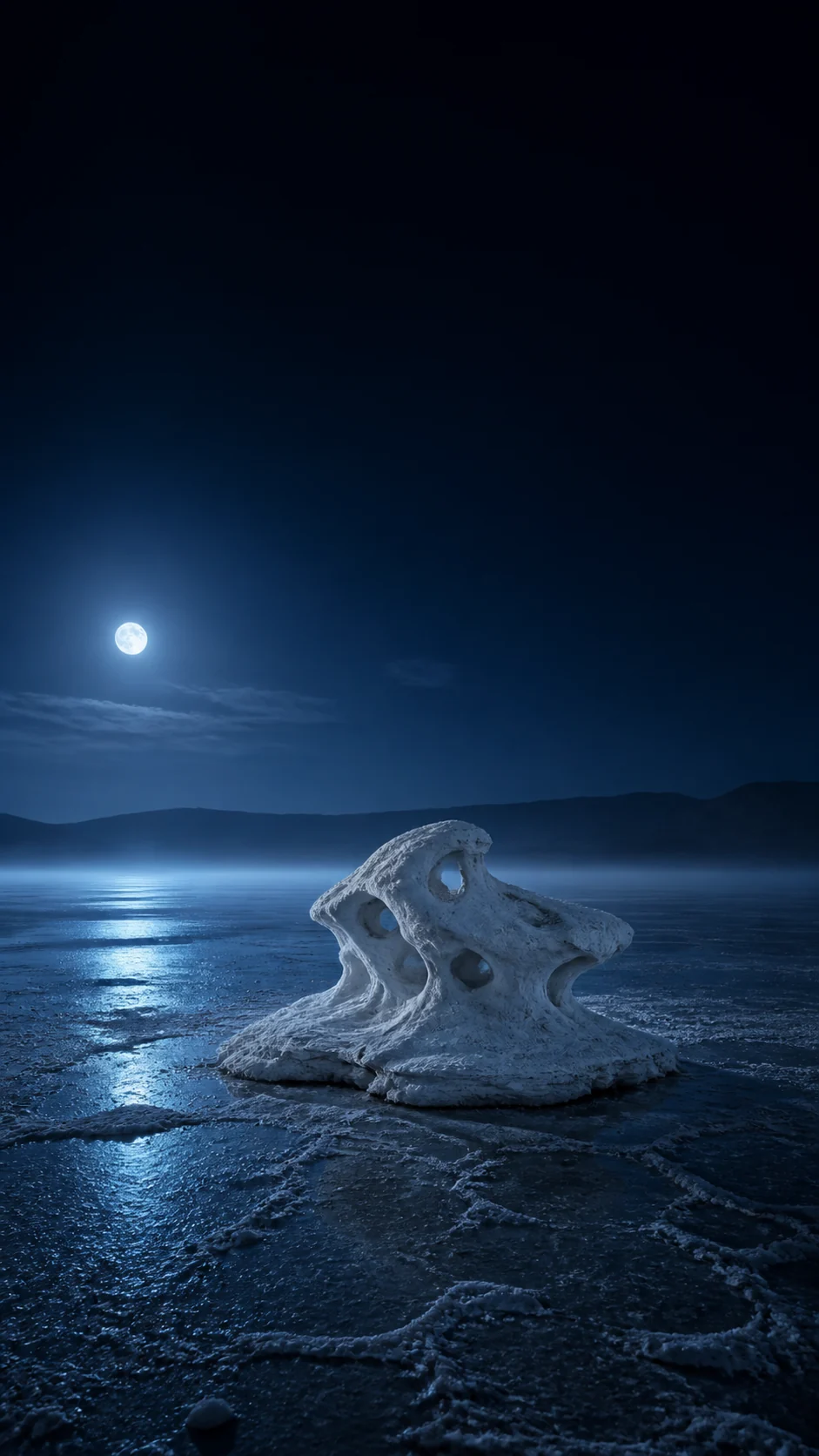 月光盐湖上的白色风蚀岩手机壁纸提示词：银蓝主图与珊瑚暮色变体