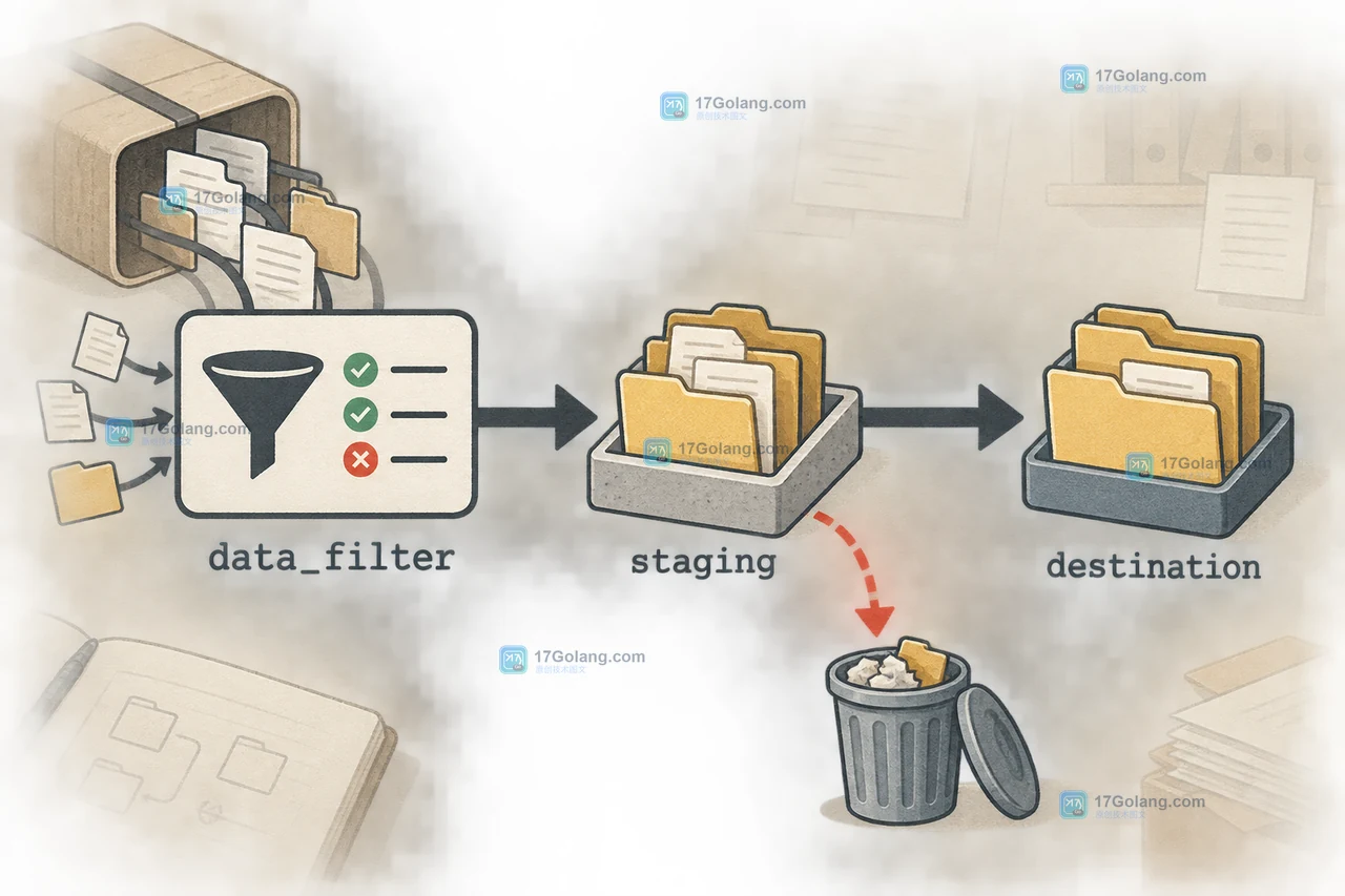 tarfile 使用 data_filter 写入临时 staging,成功验收后移交 destination,异常则清理半成品