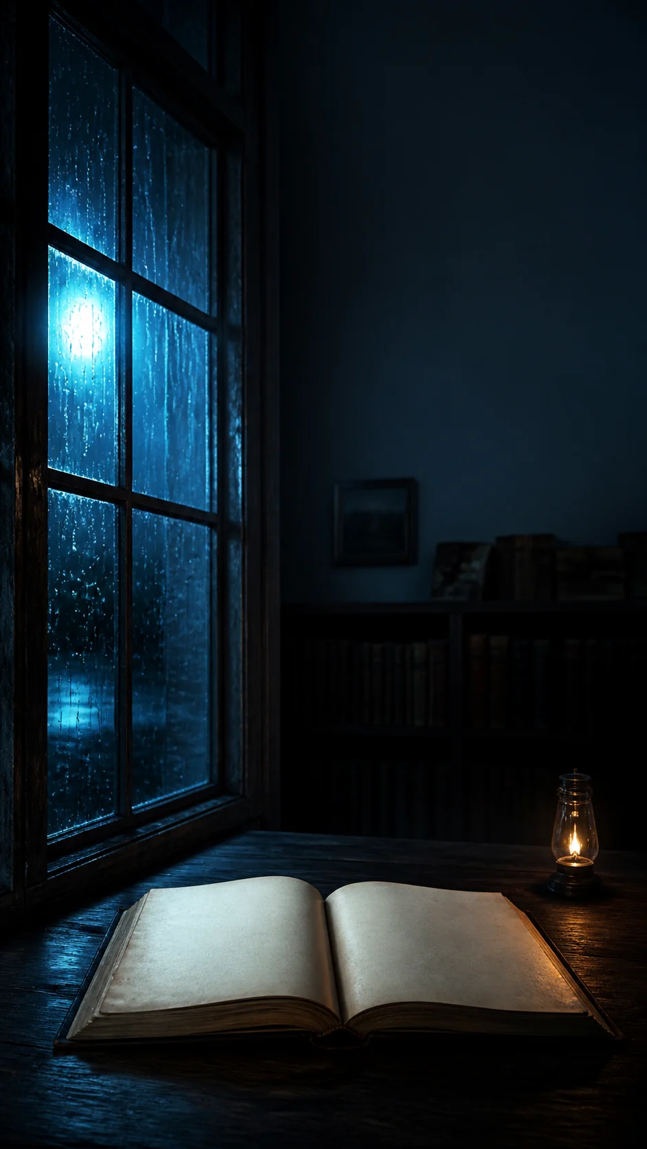 手机壁纸提示词：雨夜书店窗边的暖光与蓝色倒影