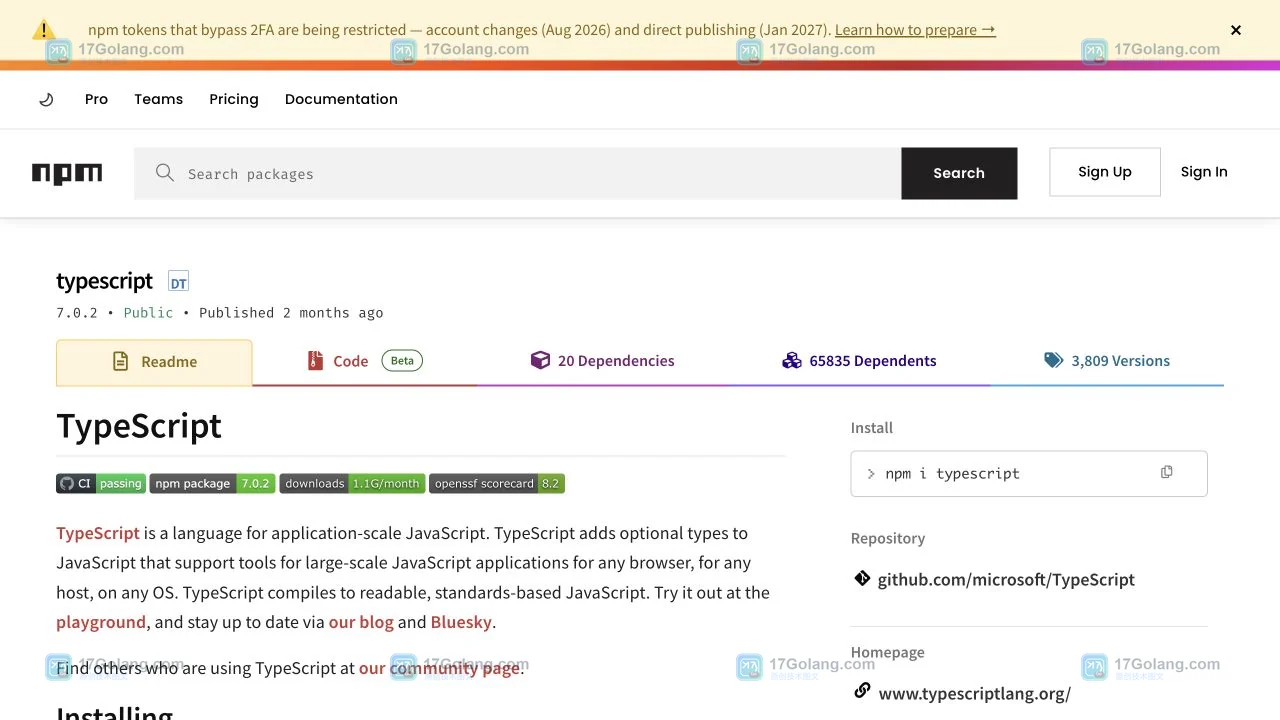 npm typescript 包详情页顶部与 Package Sidebar 显示版本、发布状态和安装命令的真实页面