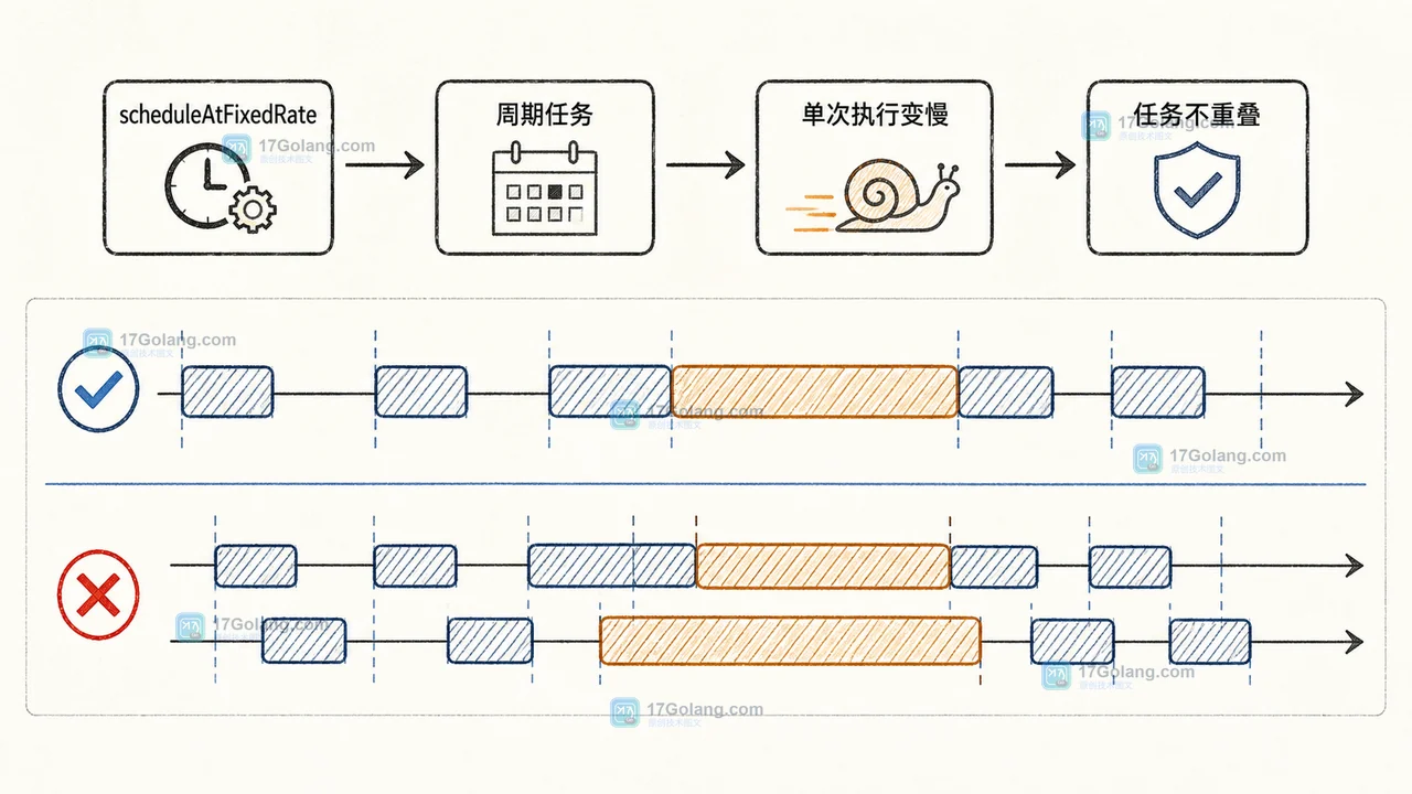 scheduleAtFixedRate 周期任务执行变慢但不重叠与重复提交的边界示意