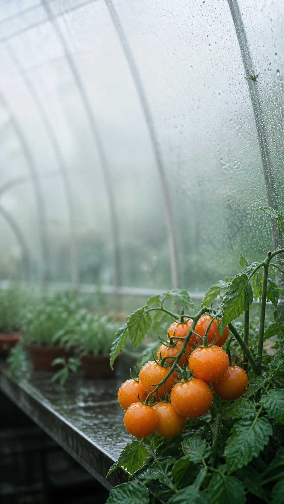 手机壁纸提示词：雨后温室里的橙色番茄与晨雾