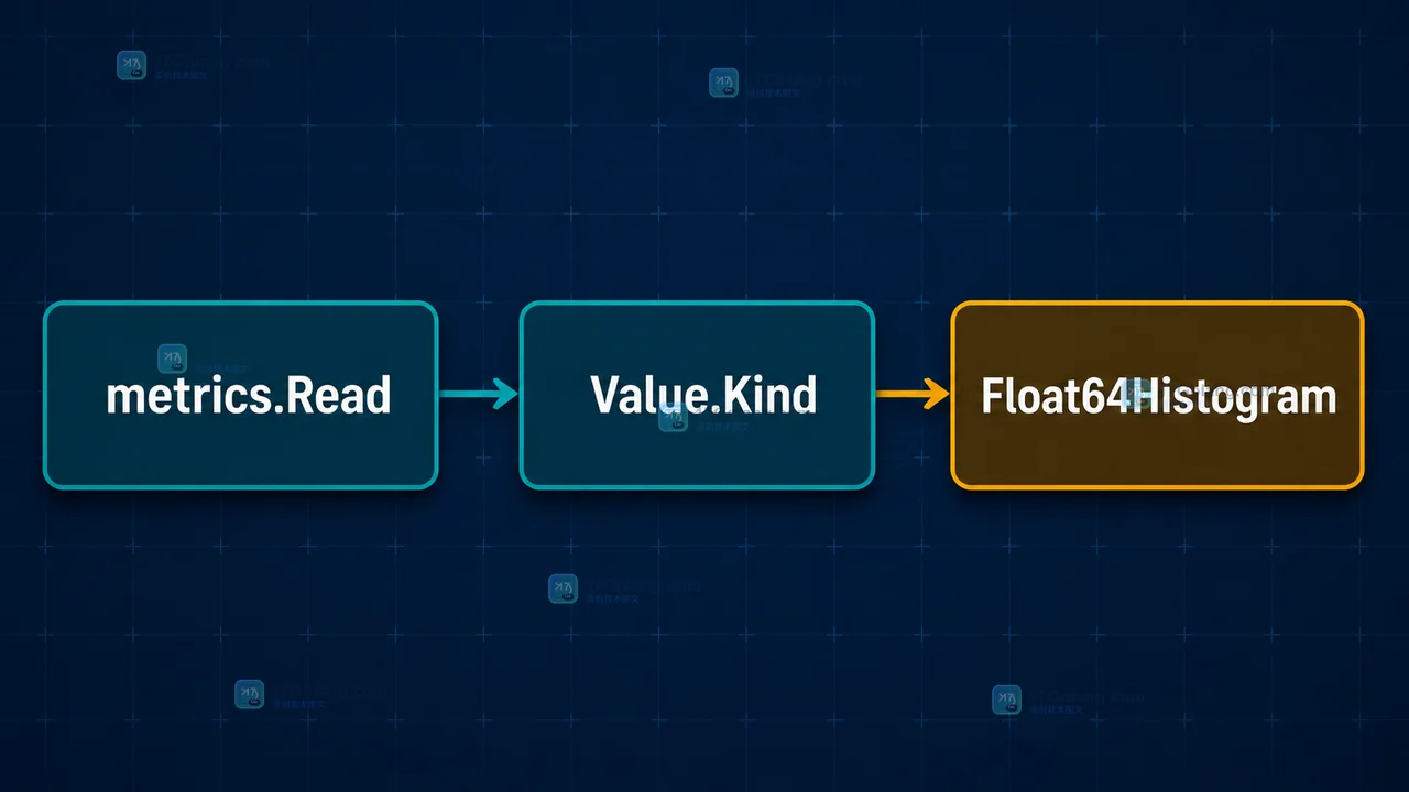 Go runtime metrics.Read 经过 Value.Kind 判断后读取 Float64Histogram 的调用链示意图