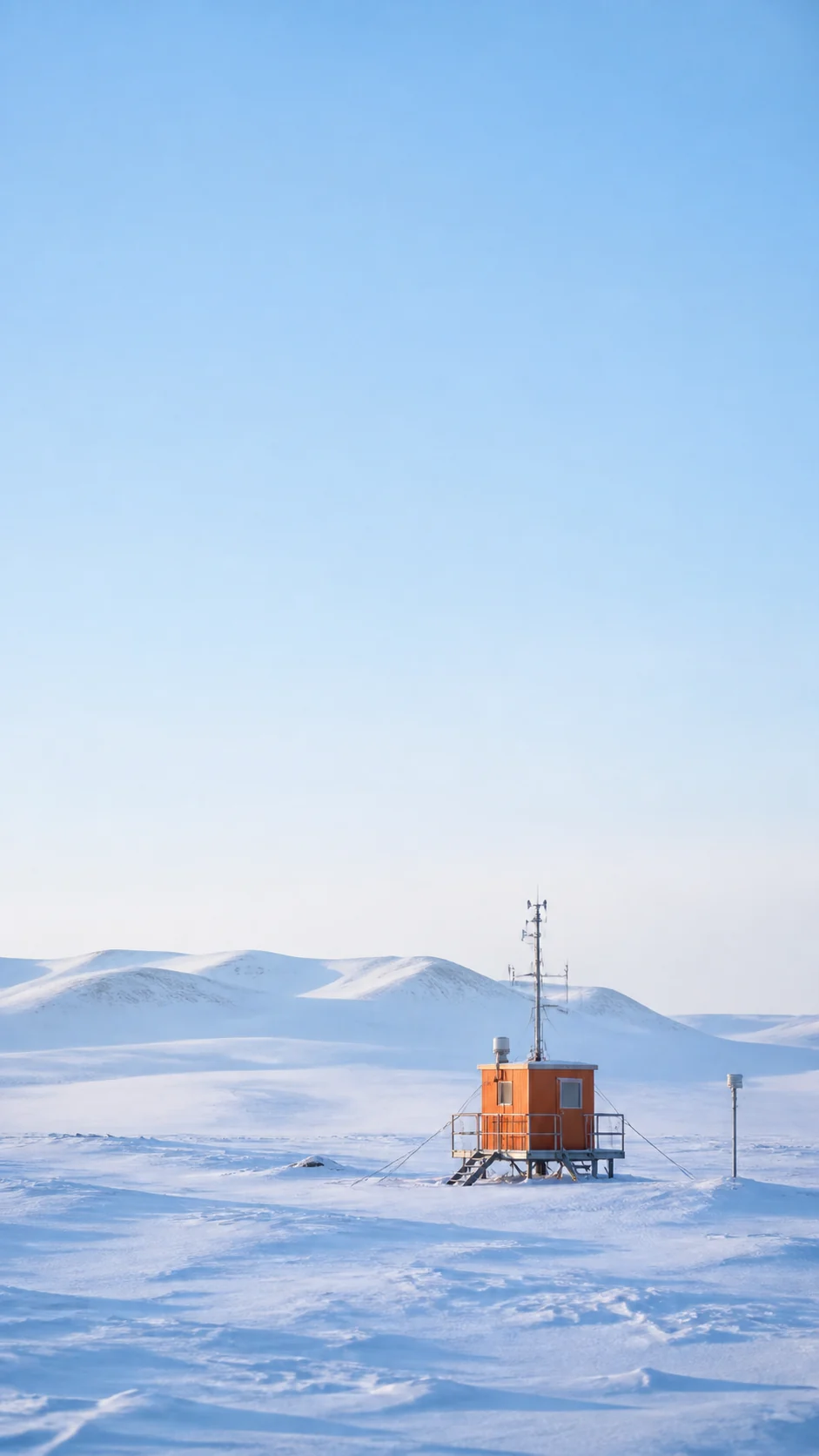 手机壁纸提示词：清晨雪原上的橙色气象探测站